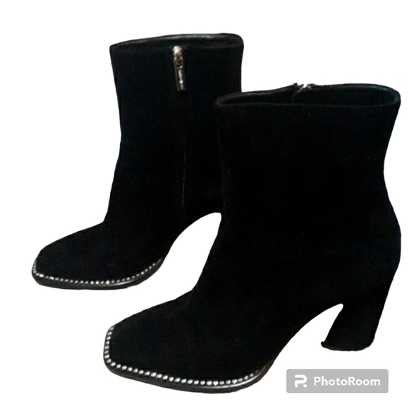 Jimmy Choo Shoes - JIMMY CHOO MAVIN 85 BLACK SUEDE JEWEL TRIM CHUNK HEELED BOOTS